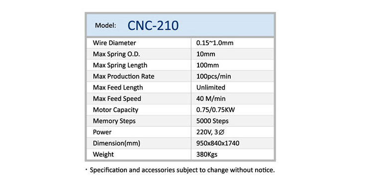 cnc-210 tension spring machine technical data